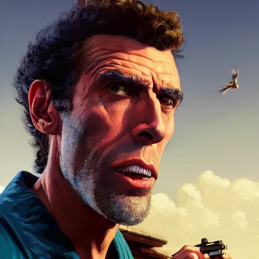 Image similar to highly detailed portrait, cosmo kramer, in gta v, stephen bliss, unreal engine, fantasy art by greg rutkowski, loish, rhads, ferdinand knab, makoto shinkai and lois van baarle, ilya kuvshinov, rossdraws, tom bagshaw, global illumination, radiant light, detailed and intricate environment