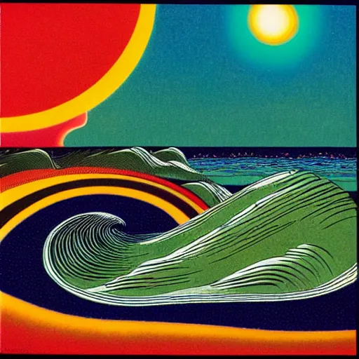 Image similar to 1980s prog rock album cover design of a waves crashing on the shore of a beautiful psychedelic planet —width 1024 —height 1024