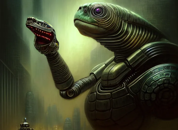 Image similar to portrait shot of robot turtle in bladerunner, intricate, elegant, highly detailed, centered, digital painting, artstation, concept art, smooth, sharp focus, illustration, artgerm, tomasz alen kopera, peter mohrbacher, donato giancola, joseph christian leyendecker, wlop, boris vallejo