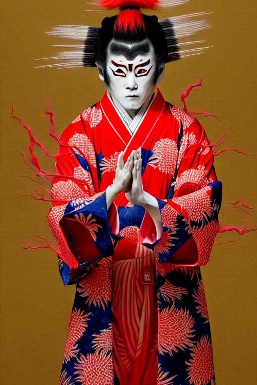 Prompt: elaborate illustration of an insane kabuki warrior showing his palm while emitting a visible aura of madness, intricate kimono and a red wig, crossed eyes, hazy atmosphere, greg rutkowski style, high quality, 8 k