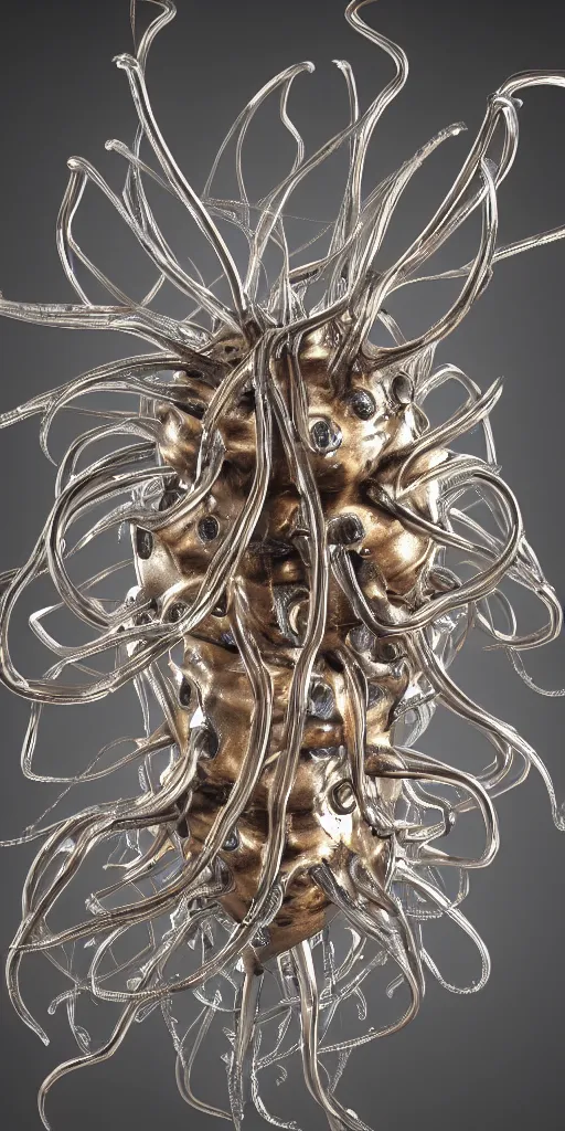 Image similar to a photorealistic render of a metallic neotribal jellyfish sculpture, with thorns, made of liquid metal, c 4 d, by zhelong xu and ernst haeckel, wide angle, hyper realistic, plain background, 8 k, volumetric lightning, octane render