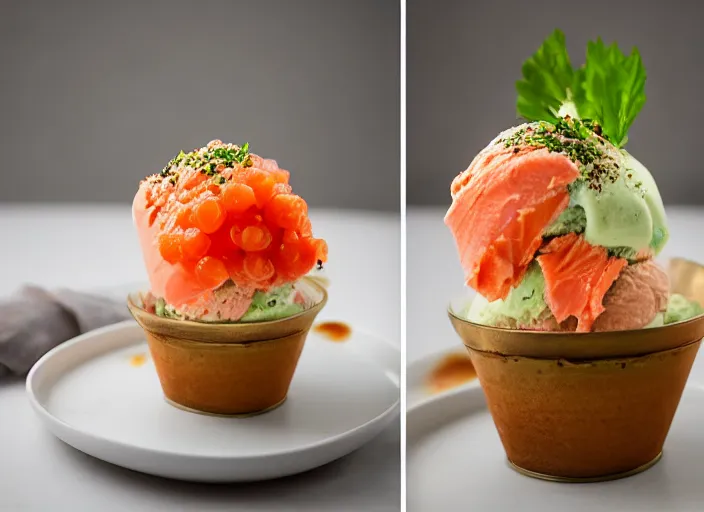 Prompt: dslr food photograph of salmon and wasabi ice cream sundae with salmon roe and wasabi drizzle, 8 5 mm f 1. 8