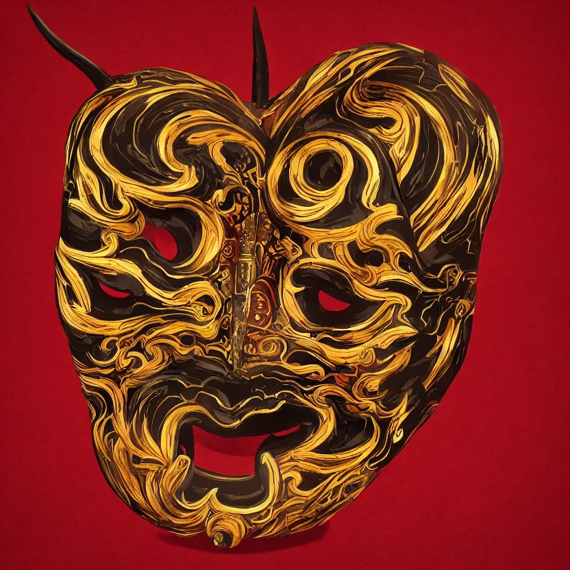 Image similar to a painting of a symmetrical centered traditional demon mask in traditional Japanese style, kintsugi, ornate, details, smooth, sharp focus, illustration, realistic, cinematic, artstation, award winning, rgb , unreal engine, octane render, cinematic light, macro, gold, depth of field, blur, red cloud light, 8K,