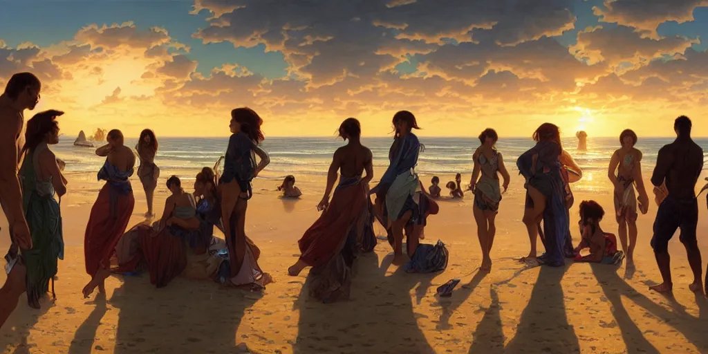 Image similar to a group of people watching sunset on a beach with a close planet's surface covering most of the sky, intricate, highly detailed, digital painting, trending on artstation, concept art, smooth, illustration, cinematic lighting, art by artgerm and greg rutkowski and alphonse mucha