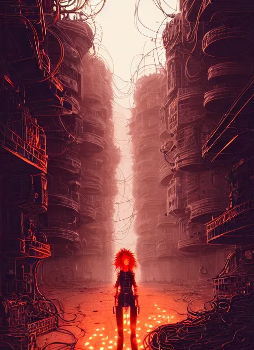 Image similar to highly detailed portrait of wasteland punk long curly fire hair tribal lady, stray wiring by atey ghailan, james gilleard, by joe fenton, by greg rutkowski, by greg tocchini, by kaethe butcher, 4 k resolution, gradient red, orange, black and white color scheme!!! ( ( flaming robotic dystopian city spiral background ) )