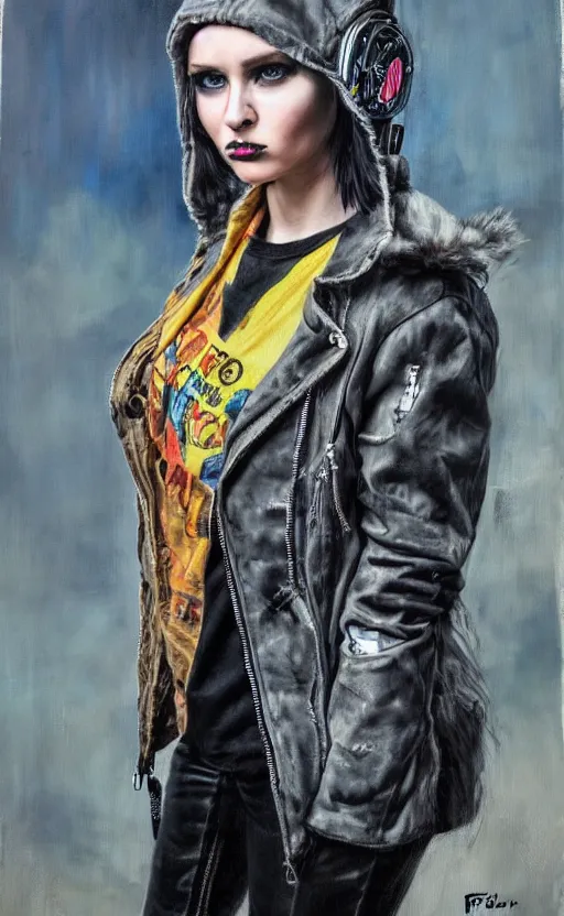 Image similar to cute punk rock girl, mad max jacket, renaissance, cables on her body, hyper realistic style, oil painting, fantasy by Olga Fedorova