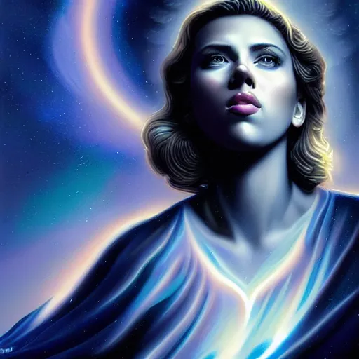 Image similar to cosmic holy angel portrait of scarlett johansson, divine light and clouds, Pixar style, by Tristan Eaton Stanley Artgerm and Tom Bagshaw.