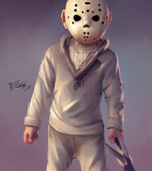 Image similar to beautiful little boy character inspired by jason voorhees and frankstein, art by rossdraws, wlop, ilya kuvshinov, artgem lau, sakimichan and makoto shinkai, concept art, anatomically correct, extremely coherent, realistic, smooth hd