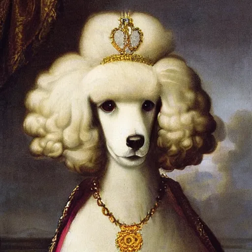 Image similar to portrait of a white poodle as an italian queen, painting by rafael