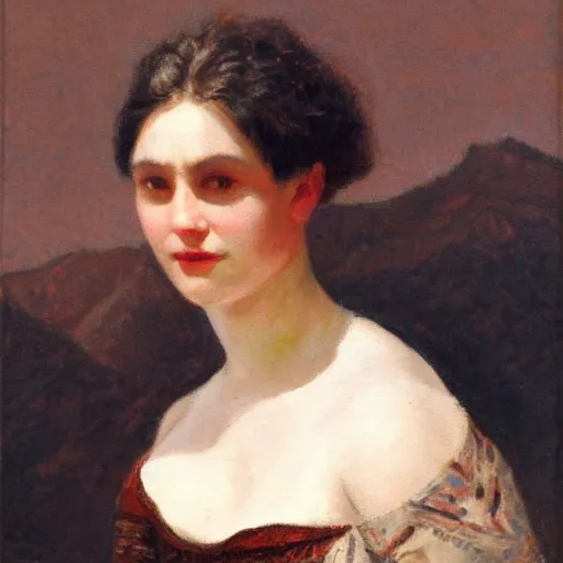 Image similar to a beautiful woman posing in the mountains, oil painting, 1 8 7 0,