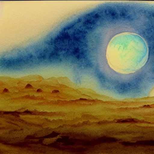 Image similar to a beautiful landscape of an alien planet, with strange terrain not found on earth, watercolor over graphite on vellum golden accented