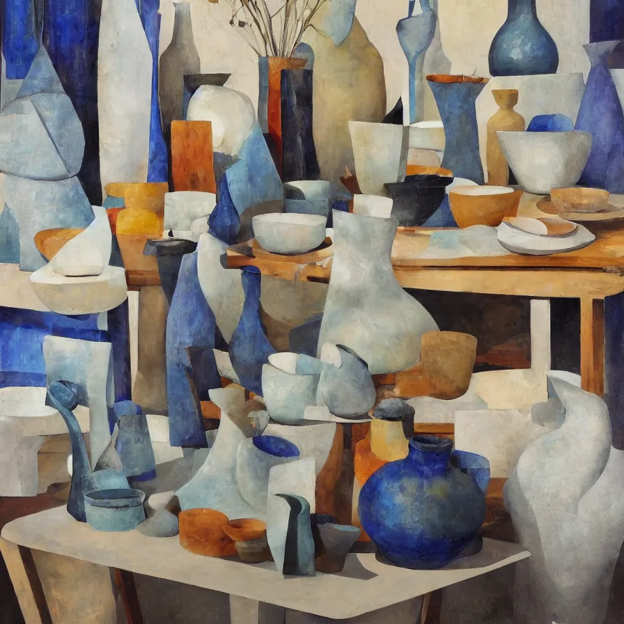 Prompt: beautiful ceramics studio photograph of a ceramics display of tall angular stoneware vase covered with modernist paintings placed on a tablecloth on a wooden table, hyperrealism 8 k trending on artstation