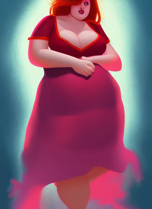 Image similar to full body portrait of teenage cheryl blossom, obese, bangs, sultry, realistic, red hair, sultry smirk, wavy hair, pink skirt, fat, belly, intricate, elegant, glowing lights, highly detailed, digital painting, artstation, concept art, smooth, sharp focus, illustration, art by wlop, mars ravelo and greg rutkowski