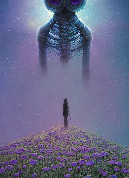 Image similar to detailed, intricate blue black and purple papaverum flower on the field, nebula, galaxy in the sky, winning award masterpiece, fantastically beautiful, illustration, aestheticly inspired by beksinski and dan mumford, upscale with simon stalenhag work, artstation, 8 k