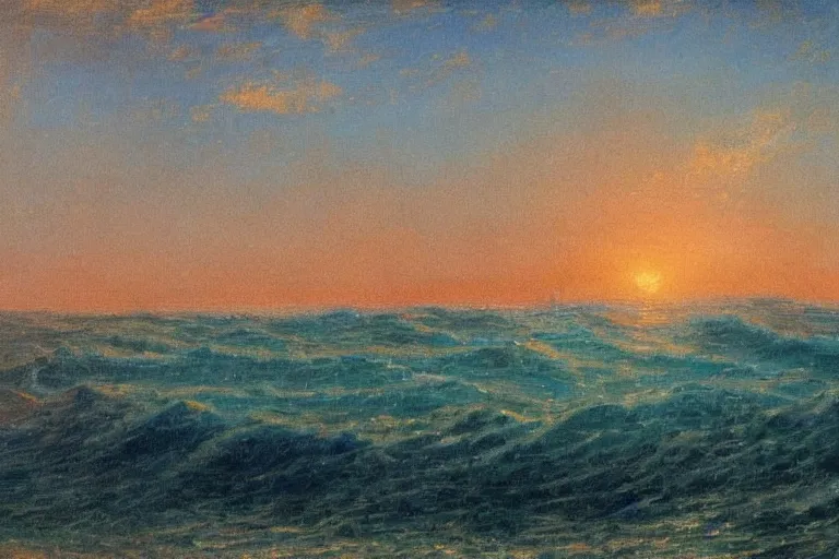 Image similar to very detailed seascape with big waves and sunset painted with oil paints in the style of Kuindzhi