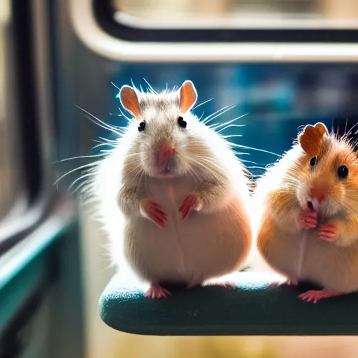 Image similar to detailed photo of a hamster sitting in a train, various poses, full body, unedited, daylight, dof, sharp focus, 8 k