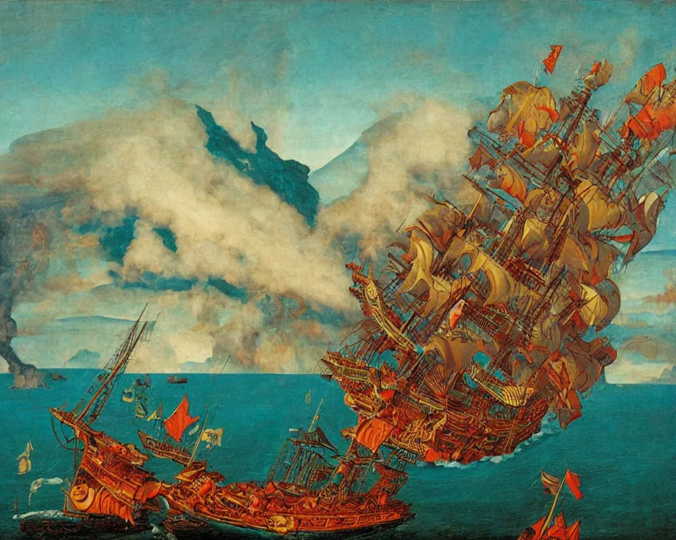 Prompt: a massive pirate ship sailing through the islands of Thailand, heading towards an erupting volcano. intricate, vibrant, turquoise, Raphael, Hasui Kwase, Rene Margritte, John Martin.