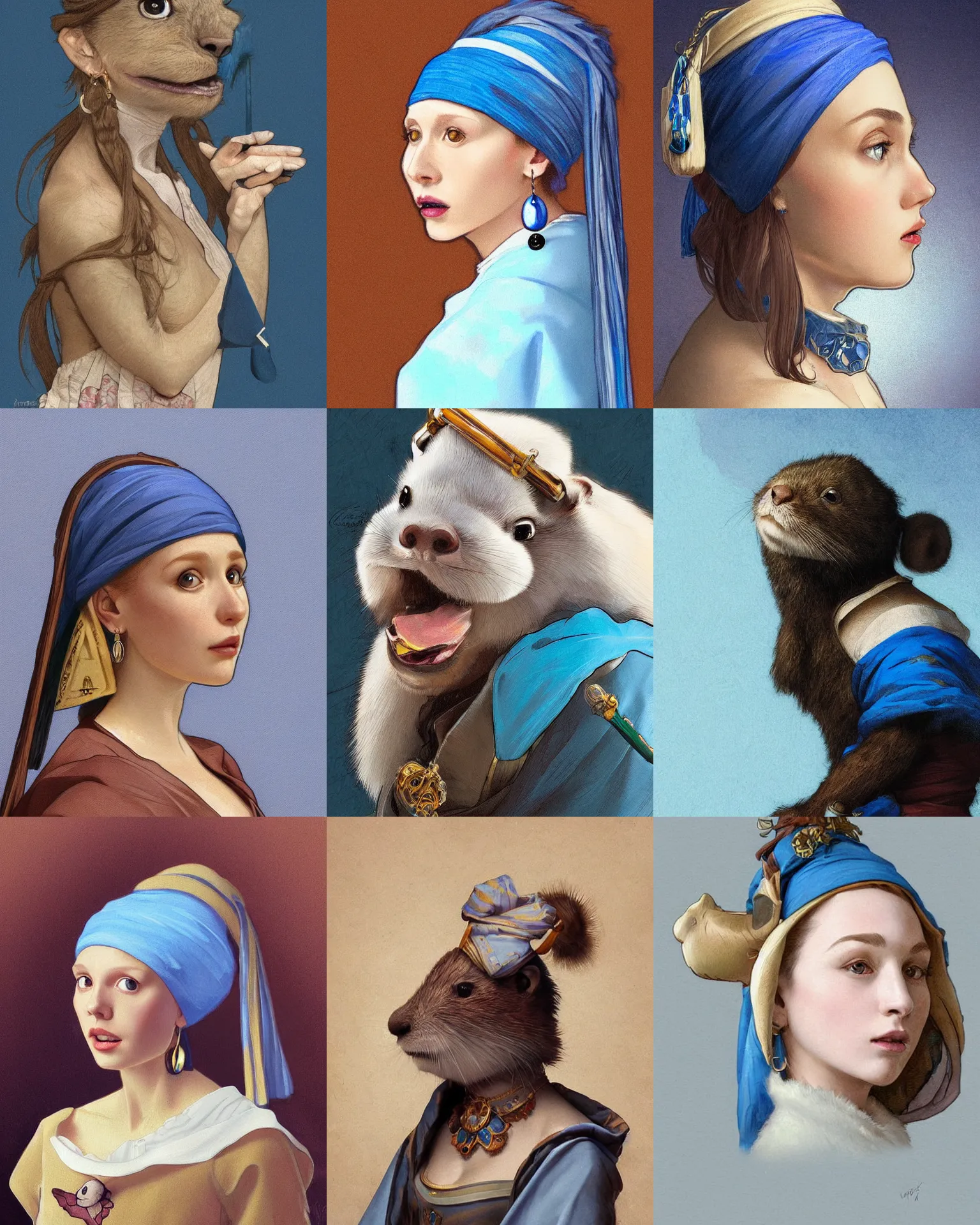 Prompt: beautiful illustration of blue anthropomorphic Gopher looking sideways with a Pearl Earring, highly detailed, digital painting, artstation, concept art, sharp focus, illustration, art by artgerm and greg rutkowski and alphonse mucha
