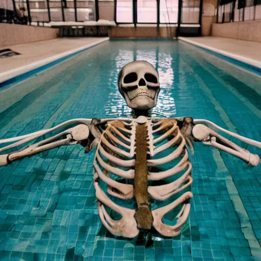 Prompt: a skeleton in a public pool