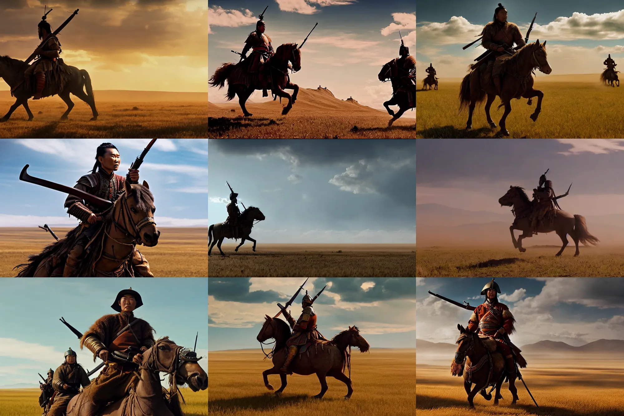 Prompt: vfx movie closeup detailed mongolia warrior with ak 4 7 riding into battle in formation on prairie, natural lighting by emmanuel lubezki
