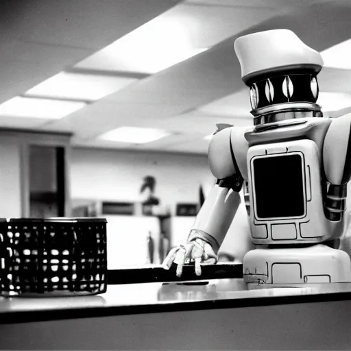 Image similar to Movie still of 'Future Science Apocalypse' (1990). Robot chef preparing food. Sigma 85mm f/1.4