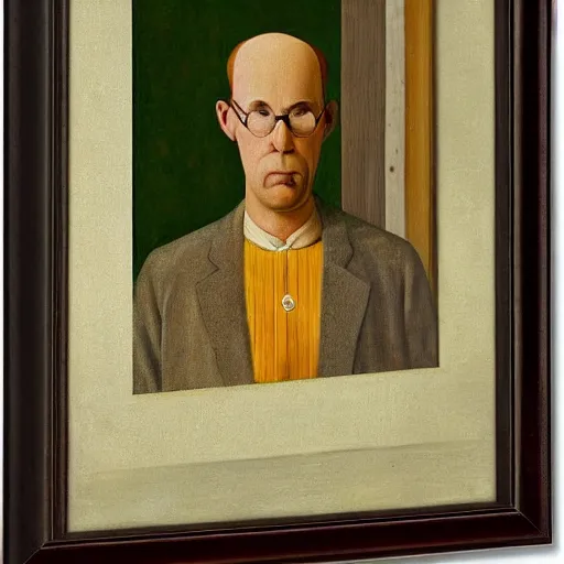 Image similar to fat orange tabby cat next curly haired man, american gothic by grant wood