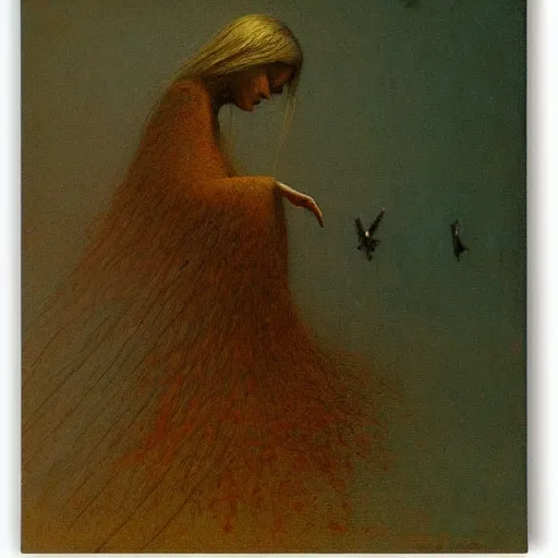 Image similar to bird girl with black wings by Beksinski