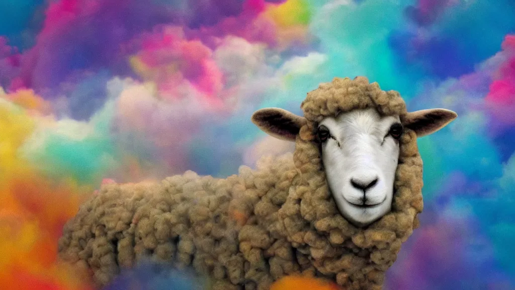 Image similar to portrait of a sheep on a colorful nebulous cloud backdrop