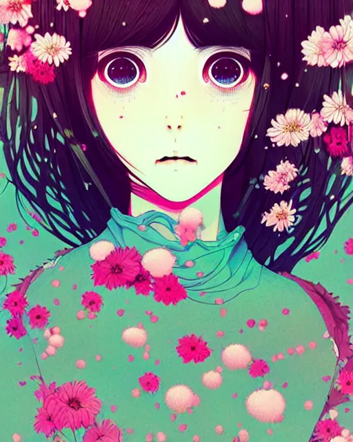 Image similar to girl next to floral bomb, detailed manga illustration!! intricate details, beautiful perfect face, perfect body, aesthetically pleasing pastel colors, poster background, aesthetic details, art by conrad roset and ilya kuvshinov