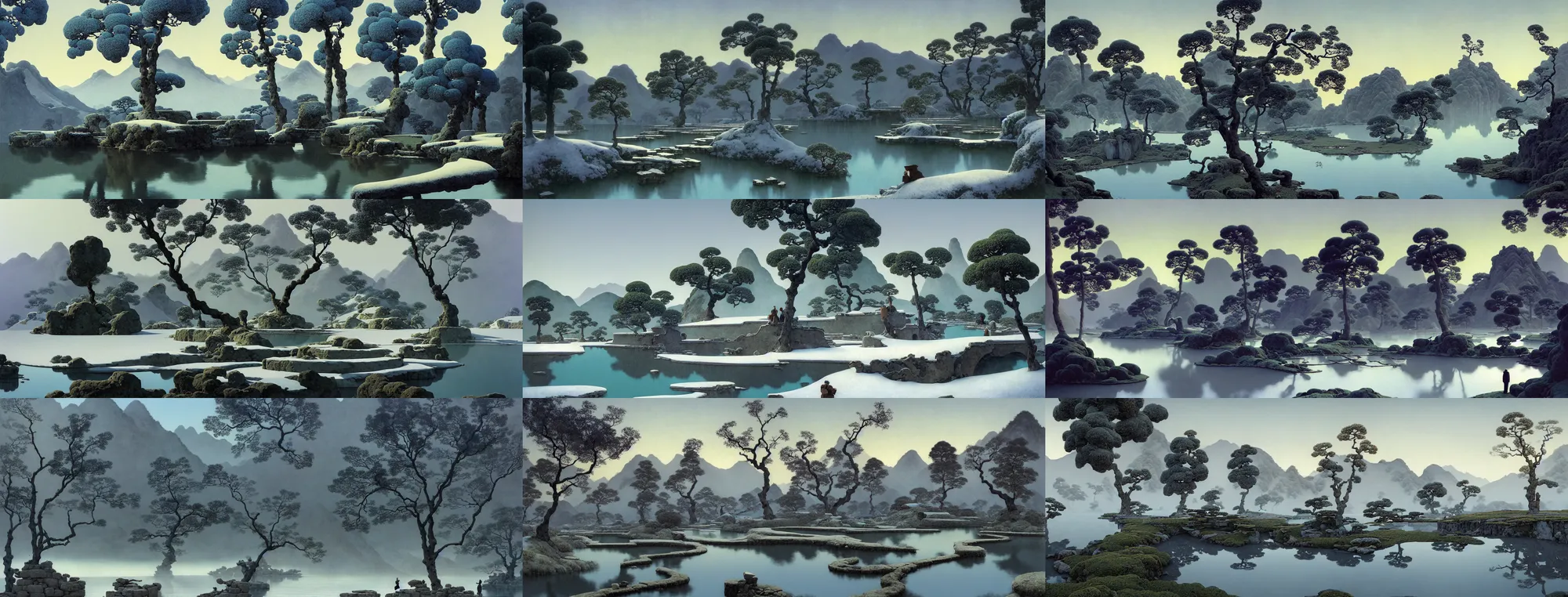 Prompt: a gorgeous bleak spring landscape painting by barlowe wayne maxfield parrish and marco mazzoni. tree no leaf, no flower!! sunny morning, china mountain village!! smoke curling up, grey blue and light verdancy. the lake ice is melting. the winding stone steps. ultra clear detailed. 3 d, octane render. chinese wuxia. 8 k