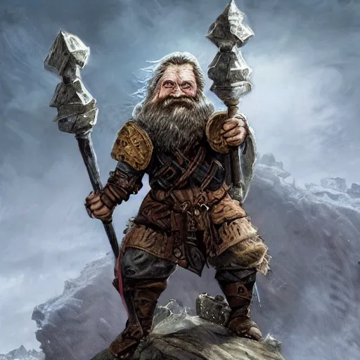 Image similar to A Dwarf clad in armor near the edge of a cliff that overlooks a small village, breathtaking shot, high details, medieval fantasy illustration, dark atmosphere, award winning, realistic art style, 8k resolution, trending on artstation