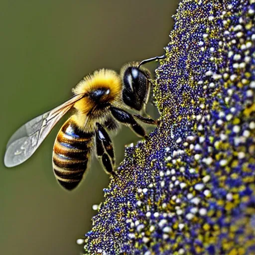 Prompt: bee covered in pollen, macro photography