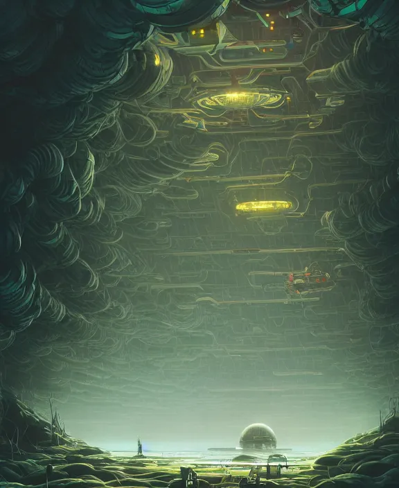 Image similar to simplicity, a simple bunker made out of exotic fungus, overgrown with weird smooth fungus and tendrils, spaceship, sci - fi, robots, noon, somber, partly cloudy, by dan mumford, yusuke murata, makoto shinkai, ross tran, cinematic, unreal engine, cel shaded, featured on artstation, pixiv