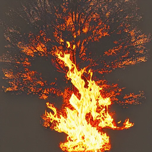 Prompt: tree engulfed in flames by Diane Arbus and Louis Daguerre. highly detailed. 85mm, Bokeh