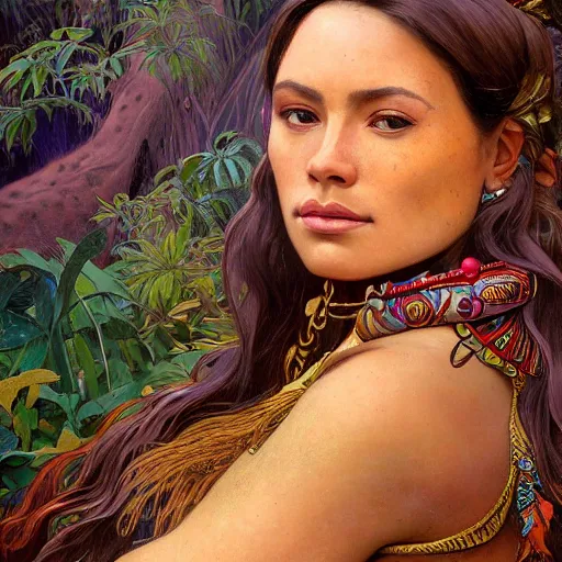 Image similar to portrait of a beautiful alluring female aztec queen in a dense jungle at sunset, detailed, centered, digital painting, artstation, concept art, donato giancola, alphonse mucha, Joseph Christian Leyendecker, WLOP, Boris Vallejo, Breathtaking, 8k resolution, extremely detailed, beautiful, establishing shot, artistic, hyperrealistic, beautiful face, octane render