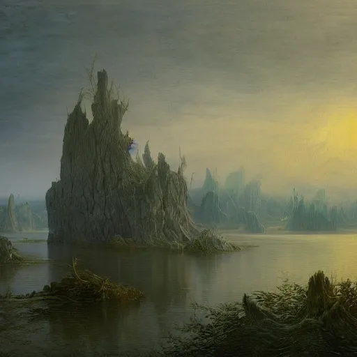 Image similar to an ethereal intricate and fantastically horrifying hyperdetailed painting of a lake by darrell bush, zaria forman, maxim grunin, carina francioso, jan van goyen, and caspar david friedrich 8 k resolution