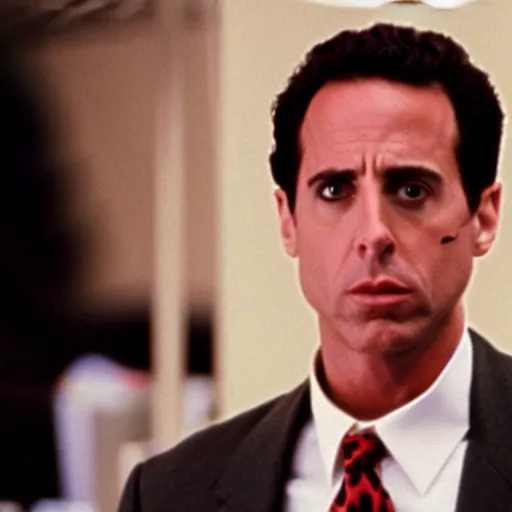 Prompt: film still of Jerry Seinfeld as Patrick Bateman in American Psycho