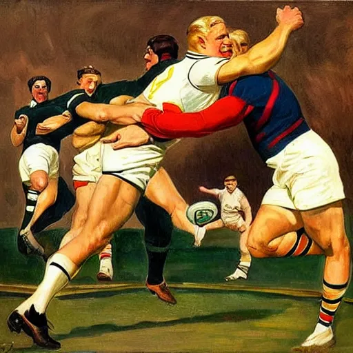 Prompt: 1920s a handsome blonde rugby player tackling a handsome brunette rugby player, rugby ball in the air, full color painting by J.C. Leyendecker