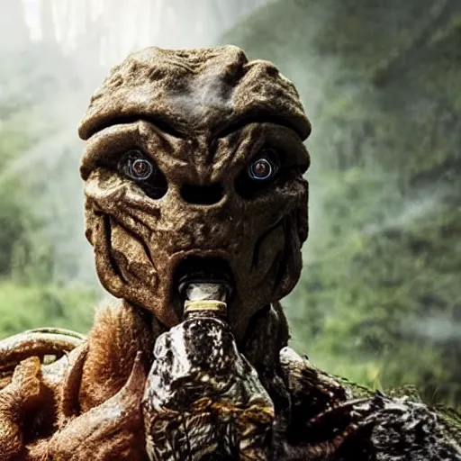 Image similar to cinematic, 4 k, full body portrait, rock golem as a soldier smoking a cigarette, still from the movie predator