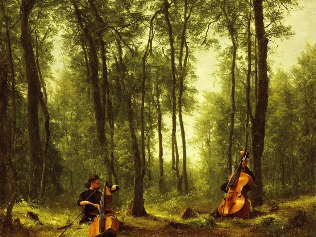 Image similar to forest scene with one cello leaning on a tree, intricate, beautiful, highly detailed, elegant, artstation, concept art, smooth and sharp focus, illustration, painting by ivan shishkin albert bierstadt isaak ilyich levitan