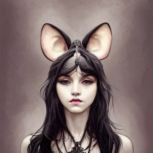 Image similar to a photograpic portrait of a anthropomorphic mouse wearing black clothes, black hair, grey skin, grey mouse ears, fantasy, intricate, elegant, highly detailed, digital painting, artstation, smooth, sharp focus, illustration, art by artgerm and H R Giger and alphonse mucha