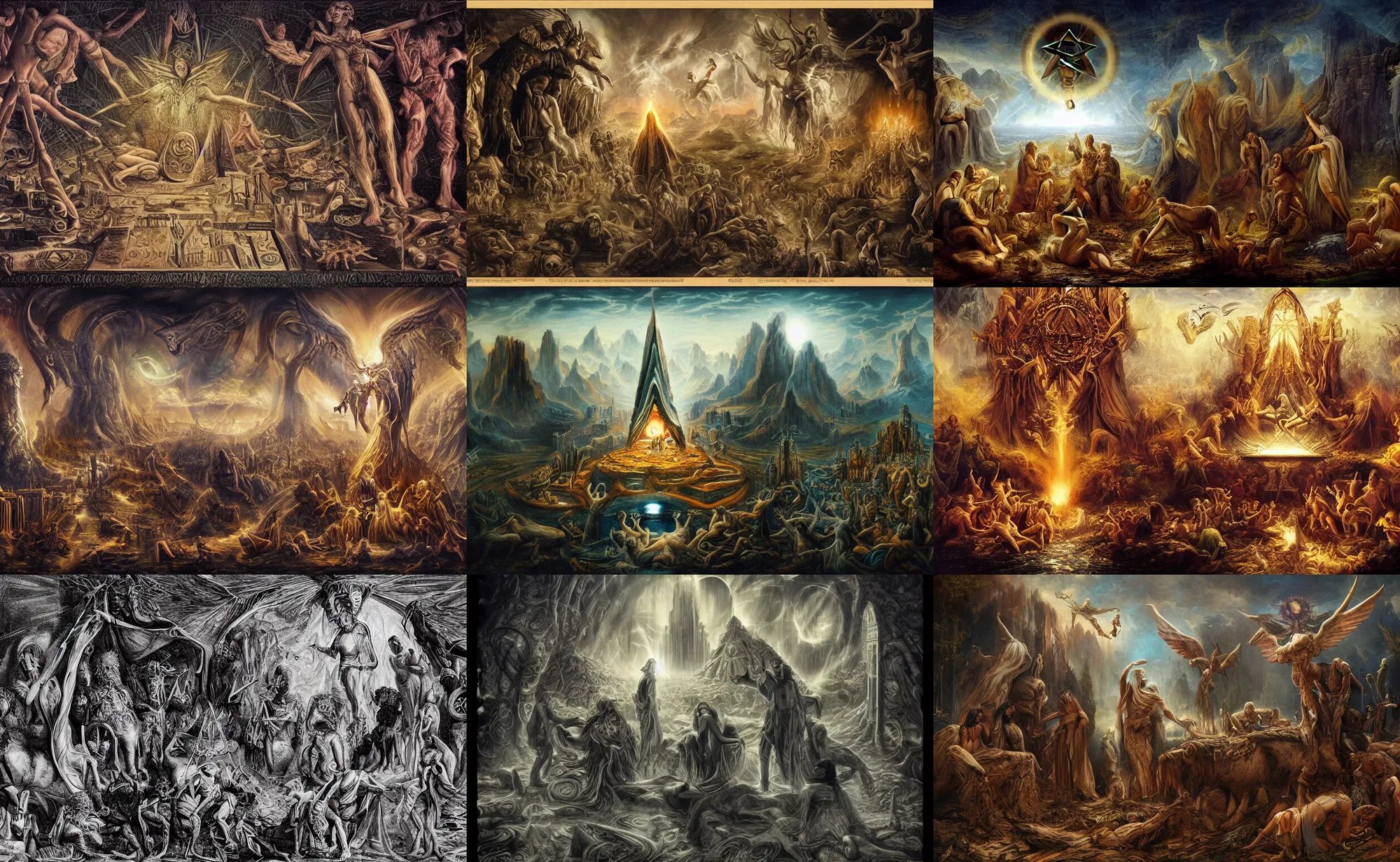 Prompt: birth of the civilization out of the luciferian spirit of distributed cognition, secret illuminati cabal, highly detailed, maximalist, occult alchemy, realistic, dark fantasy, 8 k