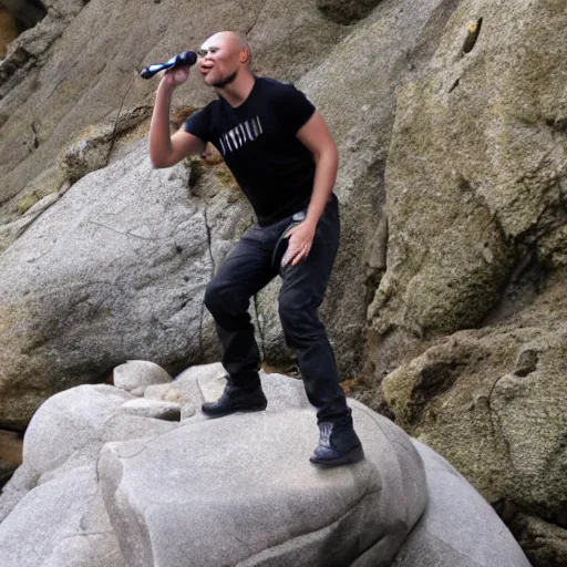 Image similar to dweyn the rock jonson standing on a rock and singing in a rock concert