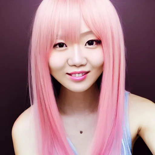 Prompt: beautiful hyperrealism selfie of nikki 苏 暖 暖 from shining nikki, a cute 3 d young woman smiling sofly, long light pink hair and full bangs, flushed face, blushing, small heart - shaped face, soft features, amber eyes, chinese heritage, golden hour, 8 k, sharp focus, instagram