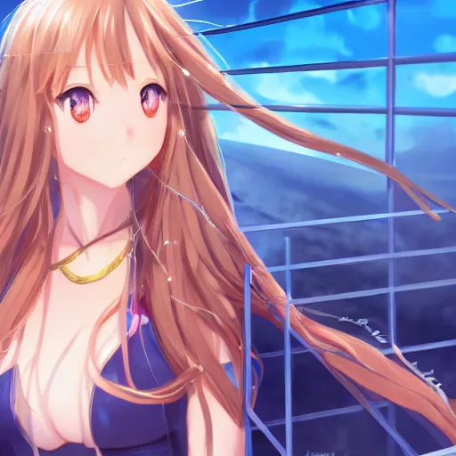 Image similar to a very beautiful young yuuki asuna, full body, long wavy blond hair, sky blue eyes, full round face,, shiny golden bikini, miniskirt, front shot, locked in a bright prison cell, highly detailed, cinematic wallpaper by stanley artgerm lau