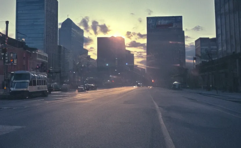 Image similar to cinematic screenshot sunrise view of buffalo as seen from bus, moody scene from being john malcovich directed by charlie kaufman ( 2 0 0 1 ), moody volumetric light morning, anamorphic lenses, kodak color film stock