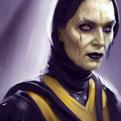 Image similar to portrait of a woman by greg rutkowski, a woman with yellow skin, black lips wearing black robes and a hodd, evil energy, star wars expanded universe, she is about 6 0 years old, highly detailed portrait, digital painting, artstation, concept art, smooth, sharp foccus ilustration, artstation hq