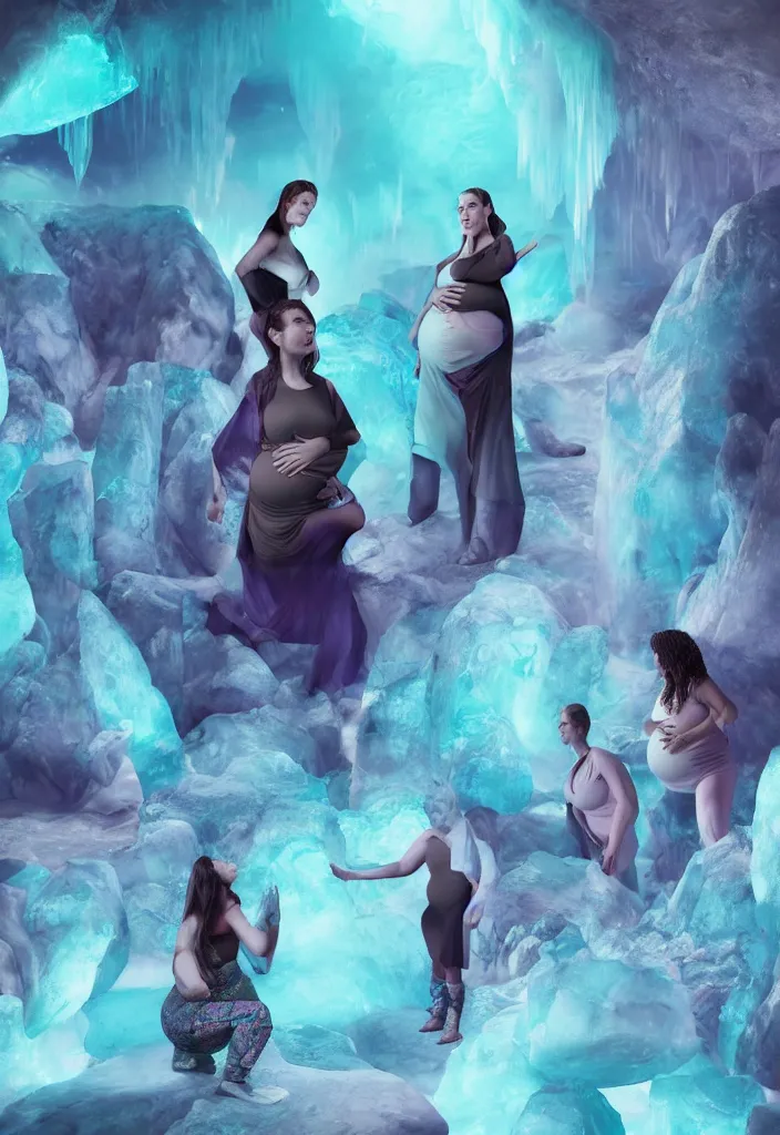 Prompt: epic leader pregnant woman talking to all her tribe with futuristic fluorescence, proud people looking at the pregnant woman, ice cave, facinating, fantasy digital art, octane render, beautiful composition, trending on artstation, coherent, masterpiece, photorealistic