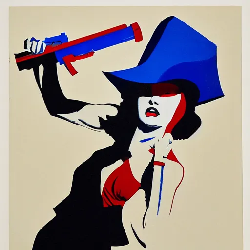 Prompt: noir femme fatale with a gun, rudolph belarski, robert mcginnis, german expressionism, blue red highlighter risograph, 8 k highly detailed