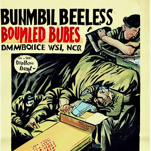 Image similar to bumblebees drop bombs onto a sleeping man at a computer, highly detailed, ww 2 american propoganda poster, colorized